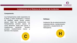 Instalaciones en el Sistema de Comando de Incidentes
Campamento:
Los Campamentos están separados de
la Base y están localizados a manera
de satélites desde donde podrán
apoyar mejor las operaciones. Los
Campamentos proveen apoyo, tal
como alimentos, áreas para dormir e
instalaciones sanitarias. También
proveen mantenimiento menor y
servicio a los equipos.
Helibase:
Instalación fija de estacionamiento,
reabastecimiento, mantenimiento,
reparación y equipamiento de
helicópteros.
 