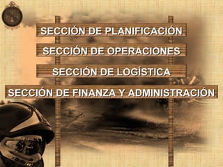 SECCIÓN DE PLANIFICACIÓNSECCIÓN DE PLANIFICACIÓN
SECCIÓN DE OPERACIONESSECCIÓN DE OPERACIONES
SECCIÓN DE LOGÍSTICASECCIÓN DE LOGÍSTICA
SECCIÓN DE FINANZA Y ADMINISTRACIÓNSECCIÓN DE FINANZA Y ADMINISTRACIÓN
 