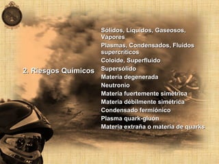 2. Riesgos Químicos2. Riesgos Químicos
Sólidos, Líquidos, Gaseosos,Sólidos, Líquidos, Gaseosos,
VaporesVapores
Plasmas, Condensados, FluidosPlasmas, Condensados, Fluidos
supercríticossupercríticos
Coloide, SuperfluidoColoide, Superfluido
SupersólidoSupersólido
Materia degeneradaMateria degenerada
NeutronioNeutronio
Materia fuertemente simétricaMateria fuertemente simétrica
Materia débilmente simétricaMateria débilmente simétrica
Condensado fermiónicoCondensado fermiónico
Plasma quark-gluónPlasma quark-gluón
Materia extraña o materia de quarksMateria extraña o materia de quarks
 