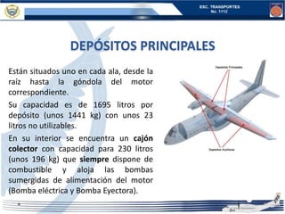 DEPÓSITOS PRINCIPALES
Están situados uno en cada ala, desde la
raíz hasta la góndola del motor
correspondiente.
Su capacidad es de 1695 litros por
depósito (unos 1441 kg) con unos 23
litros no utilizables.
En su interior se encuentra un cajón
colector con capacidad para 230 litros
(unos 196 kg) que siempre dispone de
combustible y aloja las bombas
sumergidas de alimentación del motor
(Bomba eléctrica y Bomba Eyectora).
 