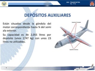 DEPÓSITOS AUXILIARES
Están situados desde la góndola del
motor correspondiente hasta ¾ del semi
ala exterior.
Su capacidad es de 2,055 litros por
depósito (unos 1747 kg) con unos 23
litros no utilizables.
 