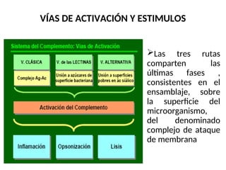 VÍAS DE ACTIVACIÓN Y ESTIMULOS
Las tres rutas
comparten las
últimas fases ,
consistentes en el
ensamblaje, sobre
la superficie del
microorganismo,
del denominado
complejo de ataque
de membrana
 