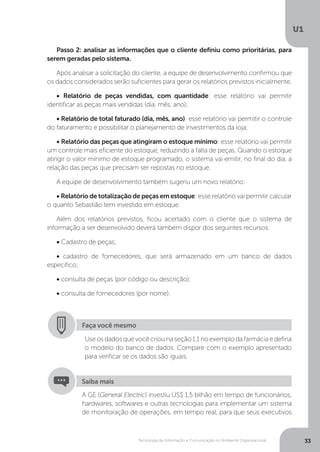 Tecnologia da Informação e Comunicação no Ambiente Organizacional
U1
33
Passo 2: analisar as informações que o cliente definiu como prioritárias, para
serem geradas pelo sistema.
Após analisar a solicitação do cliente, a equipe de desenvolvimento confirmou que
os dados considerados serão suficientes para gerar os relatórios previstos inicialmente.
• Relatório de peças vendidas, com quantidade: esse relatório vai permitir
identificar as peças mais vendidas (dia, mês, ano);
• Relatório de total faturado (dia, mês, ano): esse relatório vai permitir o controle
do faturamento e possibilitar o planejamento de investimentos da loja;
• Relatório das peças que atingiram o estoque mínimo: esse relatório vai permitir
um controle mais eficiente do estoque, reduzindo a falta de peças. Quando o estoque
atingir o valor mínimo de estoque programado, o sistema vai emitir, no final do dia, a
relação das peças que precisam ser repostas no estoque.
A equipe de desenvolvimento também sugeriu um novo relatório:
• Relatório de totalização de peças em estoque: esse relatório vai permitir calcular
o quanto Sebastião tem investido em estoque.
Além dos relatórios previstos, ficou acertado com o cliente que o sistema de
informação a ser desenvolvido deverá também dispor dos seguintes recursos:
• Cadastro de peças;
• cadastro de fornecedores, que será armazenado em um banco de dados
específico;
• consulta de peças (por código ou descrição);
• consulta de fornecedores (por nome).
Faça você mesmo
Useosdadosquevocêcriounaseção1.1noexemplodafarmáciaedefina
o modelo do banco de dados. Compare com o exemplo apresentado
para verificar se os dados são iguais.
A GE (General Electric) investiu US$ 1,5 bilhão em tempo de funcionários,
hardwares, softwares e outras tecnologias para implementar um sistema
de monitoração de operações, em tempo real, para que seus executivos
Saiba mais
 