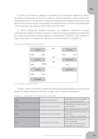 Tecnologia da Informação e Comunicação no Ambiente Organizacional
U1
53
O termo e-Commerce (eletronic commerce) ou (comércio eletrônico) refere-
se apenas a transações on-line de compra e venda, enquanto o termo e-Business,
derivado do termo e-Commerce, refere-se à realização de negócios na internet, não
apenas de compra e venda, mas também de atendimento ao cliente e de colaboração
com os parceiros de negócios (BALTZAN; PHILLIPS 2012).
O termo M-Business (mobile business) ou (negócios eletrônicos móveis)
correspondeàversãomóveldoe-Business.Trata-sedenegócioseletrônicosrealizados
por meio de dispositivos móveis (tablets e smartphones) (O’BRIEN, 2011). Observe a
Figura 1.16 sobre os modelos de e-Business e suas descrições no Quadro 1.1.
A seguir, vamos conhecer as respectivas definições das transações comerciais que
podem se realizar através da internet, ou seja, com o comércio eletrônico:
Fonte: Adaptado de Takahashi (2000).
Figura 1.16: Modelos de e‑Business
Quadro 1.1: Descrição de modelos de e‑Business
B2B Business to Business
Transação entre empresas.
(Ex.: www.dell.com.br)
B2C Business to Consumer
Transação entre empresa e
consumidor.
(Ex.: www.submarino.com.br)
B2G Business to Government
Transação entre empresa e
governo.
(Ex.: pregões e licitações)
C2B Consumer to Business
Transação entre consumi-
dor e empresa.
(Ex.: www.catho.com.br –
cadastro de currículos)
 