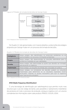 Tecnologia da Informação e Comunicação no Ambiente Organizacional
U1
56
Fonte: Adaptado de Stair; Reynolds (2015).
Figura 1.17 Modelo de tomada de decisões de George Huber
No Quadro 1.2, são apresentadas, com maiores detalhes, as descrições dos estágios
propostos por George Huber em um processo de tomada de decisões.
RFID (Radio Frequency IDentification)
É uma tecnologia de identificação por radiofrequência que permite muito mais
recursos que o uso do código de barras, pois possibilita o rastreamento instantâneo
dos produtos em todo o processo de produção, estoque e logística com um volume
considerável de informações sobre cada produto (PRADO; SOUZA, 2014).
Inteligência
Nesse estágio, são identificados os potenciais problemas ou as
oportunidades e os recursos e limitações ambientais.
Projeto
Nesse estágio, são desenvolvidas as soluções alternativas para o
problema e avaliadas as suas viabilidades.
Escolha
Nesse estágio, são selecionadas as ações que deverão ser tomadas
para alcançar os objetivos.
Implantação Nesse estágio, as soluções escolhidas são colocadas em prática.
monitoração
Nesse estágio, os tomadores de decisão avaliam as soluções
implantadas para determinar se os resultados esperados foram
alcançados, fazendo os ajustes necessários para que os objetivos
sejam plenamente atingidos.
Fonte: Adaptado de STAIR; REYNOLDS (2015)
Quadro 1.2 Modelo de tomada de decisões de George Huber
 