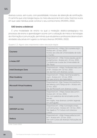 Tecnologia da Informação e Comunicação no Ambiente Organizacional
U1
58
diversos cursos, sem custo, com possibilidade, inclusive, de obtenção de certificação.
O caminho que a tecnologia traçou no meio educacional é sem volta. Vivemos na era
em que cada indivíduo pode construir o seu conhecimento (MORAN, 2002).
EAD (ensino a distância)
É uma modalidade de ensino na qual a mediação didático-pedagógica nos
processos de ensino e aprendizagem ocorre com a utilização de meios e tecnologias
de informação e comunicação, permitindo que estudantes e professores desenvolvam
atividades educativas em lugares ou tempos diversos (MORAN, 2002).
Coursera
Disponível em: <https://pt.coursera.org/>.
Acesso em: 13 nov. 2015.
Acesso aos sites de Universidades de todo
o mundo.
e-Aulas USP
Disponível em: <http://www.eaulas.usp.br/
portal/home>. Acesso em: 13 nov. 2015.
Conferências e aulas da Universidade de
São Paulo.
Intell Developer Zone
Disponível em: <https://software.intel.com/
pt-br>. Acesso em: 13 nov. 2015.
Site da Intel com diversos cursos.
Khan Academy
Disponível em: <https://pt.khanacademy.
org/>. Acesso em: 13 nov. 2015.
Site para ensino de matemática.
Microsoft Virtual Academy
Disponível em: http://www.microsoftvirtu-
alacademy.com/?lang=pt-br>. Acesso em:
13 nov. 2015.
Site da Microsoft com diversos cursos.
TED
Disponível em: <https://www.ted.com/>.
Acesso em: 13 nov. 2015.
Site com palestras de renomados profis-
sionais.
(em inglês, mas diversos contêm legenda
em português).
UNIVESP on-line
Disponível em: <http://univesptv.cmais.
com.br/cursos>. Acesso em: 13 nov. 2015.
Site ligado à TV Cultura com diversos
cursos.
Veduca
Disponível em: <http://www.veduca.com.
br/>. Acesso em: 13 nov. 2015.
Site com cursos de diversas instituições de
ensino.
Fonte: O autor (2015)
Quadro 1.3: Alguns sites importantes sobre educação digital
 