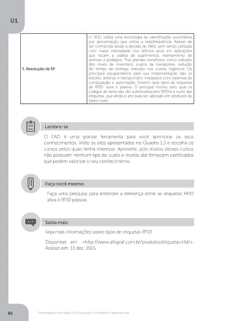Tecnologia da Informação e Comunicação no Ambiente Organizacional
U1
62
5. Resolução da SP
O RFID utiliza uma tecnologia de identificação automática
por aproximação que utiliza a radiofrequência. Apesar de
ser conhecida desde a década de 1960, vem sendo utilizada
com maior intensidade nos últimos anos em aplicações
que focam a cadeia de suprimentos, rastreamento de
animais e pedágios. Traz grandes benefícios, como redução
dos níveis de inventário, custos de transportes, redução
do tempo de entrega, redução nos custos logísticos. Os
principais equipamentos para sua implementação são os
leitores, antenas e transponders integrados com sistemas de
computação e automação. Existem dois tipos de etiquetas
de RFID: ativa e passiva. O principal motivo pelo qual os
códigos de barra não são substituídos pelo RFID é o custo das
etiquetas, que ainda é alto para ser aplicado em produtos de
baixo custo.
O EAD é uma grande ferramenta para você aprimorar os seus
conhecimentos. Visite os sites apresentados no Quadro 1.3 e escolha os
cursos pelos quais tenha interesse. Aproveite, pois muitos desses cursos
não possuem nenhum tipo de custo e muitos até fornecem certificados
que podem valorizar o seu conhecimento.
Lembre-se
Faça você mesmo
Faça uma pesquisa para entender a diferença entre as etiquetas RFID
ativa e RFID passiva.
Veja mais informações sobre tipos de etiquetas RFID
Disponível em: <http://www.afixgraf.com.br/produtos/etiquetas-rfid/>.
Acesso em: 13 dez. 2015.
Saiba mais
 