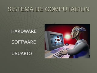 SISTEMA DE COMPUTACION


 HARDWARE

 SOFTWARE

 USUARIO
 