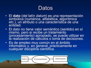 El  dato  (del latín  datum ) es una representación simbólica (numérica, alfabética, algorítmica etc.), un atributo o una característica de una entidad.  El dato no tiene valor semántico (sentido) en sí mismo, pero si recibe un tratamiento (procesamiento) apropiado, se puede utilizar en la realización de cálculos o toma de decisiones.  Es de empleo muy común en el ámbito informático y, en general, prácticamente en cualquier disciplina científica.  Datos 