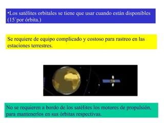 •Los satélites orbitales se tiene que usar cuando están disponibles 
(15´por órbita.) 
Se requiere de equipo complicado y costoso para rastreo en las 
estaciones terrestres. 
No se requieren a bordo de los satélites los motores de propulsión, 
para mantenerlos en sus órbitas respectivas. 
 