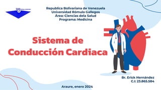 Sistema de
Conducción Cardiaca
Br. Erick Hernández
C.I: 23.865.584
Republica Bolivariana de Venezuela
Universidad Rómulo Gallegos
Área: Ciencias dela Salud
Programa: Medicina
Araure, enero 2024
 