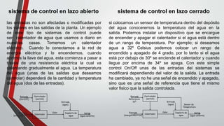 las entradas no son afectadas o modificadas por
los valores en las salidas de la planta. Un ejemplo
de este tipo de sistemas de control puede
ser calentador de agua que usamos a diario en
nuestras casas. Tomemos un calentador
eléctrico. Cuando lo conectamos a la red de
energía eléctrica y lo encendemos, cuando
abrimos la llave del agua, esta comienza a pasar a
través de una resistencia eléctrica la cual va
calentando gradualmente el agua. La temperatura
del agua (unas de las salidas que deseamos
controlar) dependerá de la cantidad y temperatura
del agua (dos de las entradas).
si colocamos un sensor de temperatura dentro del depósito
del agua conoceremos la temperatura del agua en la
salida. Podemos instalar un dispositivo que se encargue
de encender y apagar el calentador si el agua está dentro
de un rango de temperatura. Por ejemplo; si deseamos
agua a 32º Celsius podemos colocar un rango de
encendido y apagado de 4 grado, por lo tanto si el agua
está por debajo de 30º se enciende el calentador y cuando
llegue por encima de 34º se apaga. Con este simple
control On/Off unas de las entradas del sistemas se
modificará dependiendo del valor de la salida. La entrada
ha cambiado, ya no he una señal de encendido y apagado,
sino que es una señal de referencia que tiene el mismo
valor fisico que la salida controlada.
sistema de control en lazo cerradosistema de control en lazo abierto
 