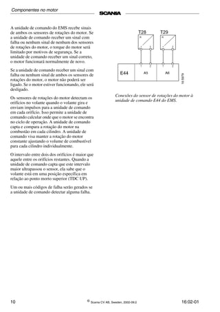10 ©
Scania CV AB, Sweden, 2002-09:2 16:02-01
A unidade de comando do EMS recebe sinais
de ambos os sensores de rotações do motor. Se
a unidade de comando receber um sinal com
falha ou nenhum sinal de nenhum dos sensores
de rotações do motor, o torque do motor será
limitado por motivos de segurança. Se a
unidade de comando receber um sinal correto,
o motor funcionará normalmente de novo.
Se a unidade de comando receber um sinal com
falha ou nenhum sinal de ambos os sensores de
rotações do motor, o motor não poderá ser
ligado. Se o motor estiver funcionando, ele será
desligado.
Os sensores de rotações do motor detectam os
orifícios no volante quando o volante gira e
enviam impulsos para a unidade de comando
em cada orifício. Isso permite a unidade de
comando calcular onde que o motor se encontra
no ciclo de operação. A unidade de comando
capta e compara a rotação do motor na
combustão em cada cilindro. A unidade de
comando visa manter a rotação do motor
constante ajustando o volume de combustível
para cada cilindro individualmente.
O intervalo entre dois dos orifícios é maior que
aquele entre os orifícios restantes. Quando a
unidade de comando capta que este intervalo
maior ultrapassou o sensor, ela sabe que o
volante está em uma posição específica em
relação ao ponto morto superior (TDC UP).
Um ou mais códigos de falha serão gerados se
a unidade de comando detectar alguma falha.
Conexões do sensor de rotações do motor à
unidade de comando E44 do EMS.
Componentes no motor
 