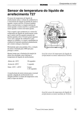 16:02-01 ©
Scania CV AB, Sweden, 2002-09:2 13
Sensor de temperatura do líquido de
arrefecimento T27
O sensor de temperatura do líquido de
arrefecimento afeta o volume de combustível e
o sincronismo de injeção na partida do motor e
quando o motor está frio. O sensor também
afeta a marcha lenta e a rotação máxima do
motor quando o motor está frio e a potência do
motor quando o motor está muito quente.
Veja a seguir o que acontecerá se o sensor de
temperatura do líquido de arrefecimento sentir
que o motor está frio quando tentando dar
partida (partida a frio). O motor girará algumas
vezes sem a injeção de combustível, para
aquecer os cilindros, e a seguir a quantidade de
combustível injetada aumentará gradualmente
até o motor começar a funcionar.
Diretamente após uma partida a frio, a rotação
do motor é limitada para 1000 rpm para
proteger o motor.
Quanto tempo que a limitação de rotação do
motor fica acionada varia conforme a
temperatura do líquido de arrefecimento:
A marcha lenta do motor retorna para o normal
quando o líquido de arrefecimento tiver
atingido 20-60°C (o limite de temperatura varia
entre os tipos de motor).
Abaixo de -10°C 30 segundos
Acima de +20°C 1 segundo
Entre -10°C - +20°C Linear
1-30 segundos
Local do sensor de temperatura do líquido de
arrefecimento no motor industrial de 16 litros
Local do sensor de temperatura do líquido de
arrefecimento no motor marítimo de 16 litros
Componentes no motor
 