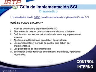 Guía de Implementación SCI
                                       Diagnóstico
             Los resultados son la BASE para las acciones de implementación del SCI.

            ¿QUÉ SE PUEDE EVALUAR?

            i. Nivel de desarrollo y organización del SCI
            ii. Elementos de control que conforman el sistema existente.
            iii. Deficiencias, vacíos y oportunidades de mejora que presenta el
                 sistema
            iv. Ajustes o modificaciones que deben desarrollarse
            v. Los componentes y normas de control que deben ser
                 implementados
            vi. Las prioridades de implementación
            vii. Estimación de los recursos económicos, materiales, y personal
                 requeridos.


                                                                          CONTROL
                                                                          INTERNO
Ing. Rolando Escala C.
 