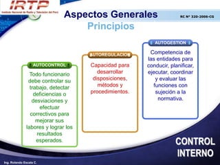 Aspectos Generales                     RC N° 320-2006-CG


                                  Principios
                                                          AUTOGESTION

                                     AUTOREGULACION     Competencia de
                                                       las entidades para
                   AUTOCONTROL       Capacidad para    conducir, planificar,
                Todo funcionario        desarrollar    ejecutar, coordinar
               debe controlar su      disposiciones,      y evaluar las
                trabajo, detectar       métodos y        funciones con
                  deficiencias o     procedimientos.      sujeción a la
                 desviaciones y                            normativa.
                    efectuar
                correctivos para
                   mejorar sus
              labores y lograr los
                   resultados
                   esperados.                                      CONTROL
                                                                   INTERNO
Ing. Rolando Escala C.
 