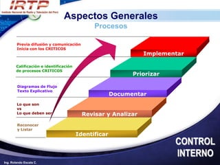 Aspectos Generales
                                              Procesos

        Previa difusión y comunicación
        Inicia con los CRITICOS
                                                               Implementar

        Calificación e identificación
        de procesos CRITICOS
                                                            Priorizar

        Diagramas de Flujo
        Texto Explicativo
                                                      Documentar
        Lo que son
        vs
        Lo que deben ser                  Revisar y Analizar
        Reconocer
        y Listar
                                        Identificar
                                                                        CONTROL
                                                                        INTERNO
Ing. Rolando Escala C.
 