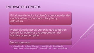 ENTORNO DE CONTROL
Es la base de todos los demás componentes del
control interno, aportando disciplina y
estructura
Proporciona la estructura en la que se deben
cumplir los objetivos y la preparación del
hombre para cumplirla
Sus factores son:
• Integridad – valores éticos – capacidad – filosofía de
dirección – estilo de gestión – autoridad - responsabilidad
 