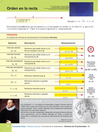 Los símbolos < y > se deben al matemático inglés Thomas Harriot
(1560-1621) quien los incluyó en su obra póstuma Artis analyticae
praxis (Londres, 1631) y quién, además, fue un astrónomo prominente
(descubrió las manchas solares).
Harriot fue el primer matemático destacado enviado al Nuevo Mundo
como agrimensor, por Sir Walter Raleigh en 1585, y realizó la
inspección y medición de una porción del territorio de América del
Norte.
a es menor que b
a < b o b > a
Fundación Polar • Últimas Noticias • El mundo de la matemática • Sistema de Coordenadas • 536
Orden en la recta
La recta y la curva en el espacio (2000)
Consuelo Mariño. Pintora española
Homenaje a la primera muestra de pensamiento simbólico.
Cueva Sudafricana. Hace 100.000-70.000 años.
a b
Para incluir la posibilidad de que los números a y b sean iguales se escribe a ≤ b o bien b ≥ a, que se lee
“a es menor o igual que b” o bien “b es mayor o igual que a”, respectivamente.
Un conjunto de números de uso frecuente son los llamados intervalos
Intervalo abierto
(a , b)
Números que están entre a y b.
No se incluyen ni a ni b.
Notación Descripción
a ba < x < b
60
km/h
Intervalo cerrado
[a , b]
Números que están entre a y b,
incluyendo a y b.
Intervalo semiabierto
(a , b]
Números que están entre a y b,
incluyendo b.
Números que están entre a y b,
incluyendo a.
(a, ) Números mayores que a.
a ba ≤ x ≤ b
a ba < x ≤ b
a ba ≤ x < b
a x > a
a
ax < a
b
Intervalo semiabierto
[a , b)
[0 , 60]
Presto Dinero
1% mensual
de 500 000 a
3 000 000 000
[5.105
, 3.109
]
[a, )
x ≥ a
x ≤ a
Números mayores o iguales
que a.
(– , a) Números menores que a.
(– , a]
Números menores o iguales
que a.
No se
aceptan
menores de
edad
[0,18)
Solicito
secretaria, 22
años mínimo
y máximo 35
años
[22, 35]
Ejemplo: e < π , - 5 < -1, 1 < e
Representación
Dibujo de la Luna
efectuado por Harriot.
 