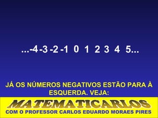 ...-4 -3 -2 -1 0 1 2 3 4 5...


JÁ OS NÚMEROS NEGATIVOS ESTÃO PARA À
           ESQUERDA. VEJA:

COM O PROFESSOR CARLOS EDUARDO MORAES PIRES
 