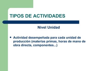 TIPOS DE ACTIVIDADES Nivel Unidad Actividad desempeñada para cada unidad de producción (materias primas, horas de mano de obra directa, componentes...) 