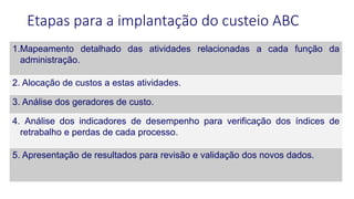 Etapas para a implantação do custeio ABC
1.Mapeamento detalhado das atividades relacionadas a cada função da
administração.
2. Alocação de custos a estas atividades.
3. Análise dos geradores de custo.
4. Análise dos indicadores de desempenho para verificação dos índices de
retrabalho e perdas de cada processo.
5. Apresentação de resultados para revisão e validação dos novos dados.
 