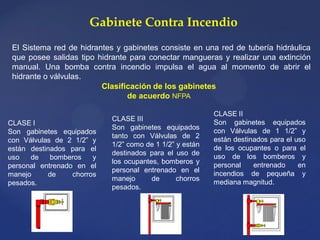El Sistema red de hidrantes y gabinetes consiste en una red de tubería hidráulica
que posee salidas tipo hidrante para conectar mangueras y realizar una extinción
manual. Una bomba contra incendio impulsa el agua al momento de abrir el
hidrante o válvulas.
Gabinete Contra Incendio
Clasificación de los gabinetes
de acuerdo NFPA
CLASE I
Son gabinetes equipados
con Válvulas de 2 1/2” y
están destinados para el
uso de bomberos y
personal entrenado en el
manejo de chorros
pesados.
CLASE II
Son gabinetes equipados
con Válvulas de 1 1/2” y
están destinados para el uso
de los ocupantes o para el
uso de los bomberos y
personal entrenado en
incendios de pequeña y
mediana magnitud.
CLASE III
Son gabinetes equipados
tanto con Válvulas de 2
1/2” como de 1 1/2” y están
destinados para el uso de
los ocupantes, bomberos y
personal entrenado en el
manejo de chorros
pesados.
 