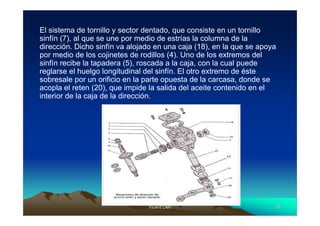 El sistema de tornillo y sector dentado, que consiste en un tornillo
sinfín (7), al que se une por medio de estrías la columna de la
dirección. Dicho sinfín va alojado en una caja (18), en la que se apoya
por medio de los cojinetes de rodillos (4). Uno de los extremos del
sinfín recibe la tapadera (5), roscada a la caja, con la cual puede
reglarse el huelgo longitudinal del sinfín. El otro extremo de éste
sobresale por un orificio en la parte opuesta de la carcasa, donde se
acopla el reten (20), que impide la salida del aceite contenido en el
interior de la caja de la dirección.
                                     •




                                Vicent Lletí
                                       Lletí                          10
 