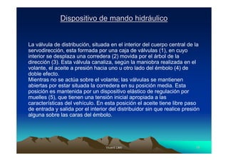 Dispositivo de mando hidráulico


La válvula de distribución, situada en el interior del cuerpo central de la
servodirección, esta formada por una caja de válvulas (1), en cuyo
interior se desplaza una corredera (2) movida por el árbol de la
dirección (3). Esta válvula canaliza, según la maniobra realizada en el
volante, el aceite a presión hacia uno u otro lado del émbolo (4) de
doble efecto.
Mientras no se actúa sobre el volante; las válvulas se mantienen
abiertas por estar situada la corredera en su posición media. Esta
posición es mantenida por un dispositivo elástico de regulación por
muelles (5), que tienen una tensión inicial apropiada a las
características del vehículo. En esta posición el aceite tiene libre paso
de entrada y salida por el interior del distribuidor sin que realice presión
alguna sobre las caras del émbolo.




                                  Vicent Lletí
                                         Lletí                            18
 