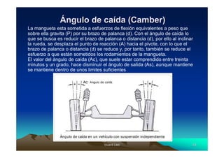 Ángulo de caída (Camber)
La mangueta esta sometida a esfuerzos de flexión equivalentes a peso que
sobre ella gravita (P) por su brazo de palanca (d). Con el ángulo de caída lo
que se busca es reducir el brazo de palanca o distancia (d), por ello al inclinar
la rueda, se desplaza el punto de reacción (A) hacia el pivote, con lo que el
brazo de palanca o distancia (d) se reduce y, por tanto, también se reduce el
esfuerzo a que están sometidos los rodamientos de la mangueta.
El valor del ángulo de caída (Ac), que suele estar comprendido entre treinta
minutos y un grado, hace disminuir el ángulo de salida (As), aunque mantiene
se mantiene dentro de unos limites suficientes




                                     Vicent Lletí
                                            Lletí                               43
 