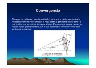 Convergencia

El ángulo de caída (Ac) y el de salida (As) hace que la rueda esté inclinada
respecto al terreno y que al rodar lo haga sobre la generatriz de un "cono" lo
que implica que las ruedas tienden a abrirse. Para corregir esto se cierran las
ruedas por su parte delantera, con lo que adelanta el vértice del cono en el
sentido de la marcha.




                                    Vicent Lletí
                                           Lletí                                  51
 