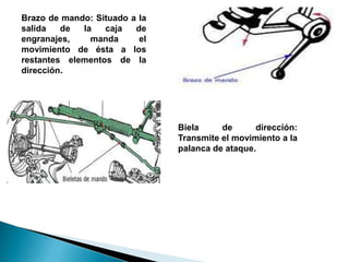Brazo de mando: Situado a la salida de la caja de engranajes, manda el movimiento de ésta a los restantes elementos de la dirección.Biela de dirección: Transmite el movimiento a la palanca de ataque.