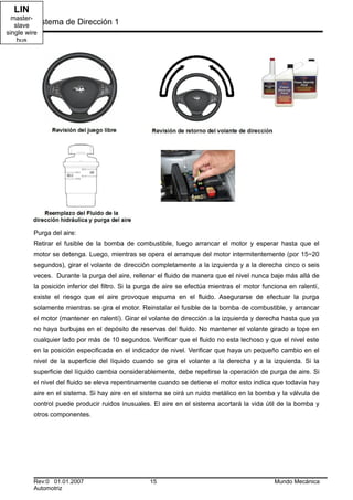 Sistema de Dirección 1
Purga del aire:
Retirar el fusible de la bomba de combustible, luego arrancar el motor y esperar hasta que el
motor se detenga. Luego, mientras se opera el arranque del motor intermitentemente (por 15~20
segundos), girar el volante de dirección completamente a la izquierda y a la derecha cinco o seis
veces. Durante la purga del aire, rellenar el fluido de manera que el nivel nunca baje más allá de
la posición inferior del filtro. Si la purga de aire se efectúa mientras el motor funciona en ralentí,
existe el riesgo que el aire provoque espuma en el fluido. Asegurarse de efectuar la purga
solamente mientras se gira el motor. Reinstalar el fusible de la bomba de combustible, y arrancar
el motor (mantener en ralentí). Girar el volante de dirección a la izquierda y derecha hasta que ya
no haya burbujas en el depósito de reservas del fluido. No mantener el volante girado a tope en
cualquier lado por más de 10 segundos. Verificar que el fluido no esta lechoso y que el nivel este
en la posición especificada en el indicador de nivel. Verificar que haya un pequeño cambio en el
nivel de la superficie del líquido cuando se gira el volante a la derecha y a la izquierda. Si la
superficie del líquido cambia considerablemente, debe repetirse la operación de purga de aire. Si
el nivel del fluido se eleva repentinamente cuando se detiene el motor esto indica que todavía hay
aire en el sistema. Si hay aire en el sistema se oirá un ruido metálico en la bomba y la válvula de
control puede producir ruidos inusuales. El aire en el sistema acortará la vida útil de la bomba y
otros componentes.
Rev:0 01.01.2007 15 Mundo Mecánica
Automotriz
LIN
Fits in
at the
low end
104.521Increme
ntal cost
per node
125K1M2M20K25.6MCAN-C
event
triggered
dual wire
CAN-B
event
triggered
fault
tolerant
LIN
master-
slave
single wire
bus
 
