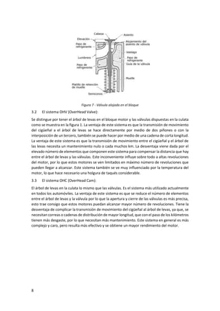 8
Figura 7 - Válvula alojada en el bloque
3.2 El sistema OHV (OverHead Valve):
Se distingue por tener el árbol de levas en el bloque motor y las válvulas dispuestas en la culata
como se muestra en la figura 1. La ventaja de este sistema es que la transmisión de movimiento
del cigüeñal a el árbol de levas se hace directamente por medio de dos piñones o con la
interposición de un tercero, también se puede hacer por medio de una cadena de corta longitud.
La ventaja de este sistema es que la transmisión de movimiento entre el cigüeñal y el árbol de
las levas necesita un mantenimiento nulo o cada muchos km. La desventaja viene dada por el
elevado número de elementos que componen este sistema para compensar la distancia que hay
entre el árbol de levas y las válvulas. Este inconveniente influye sobre todo a altas revoluciones
del motor, por lo que estos motores se ven limitados en máximo número de revoluciones que
pueden llegar a alcanzar. Este sistema también se ve muy influenciado por la temperatura del
motor, lo que hace necesario una holgura de taqués considerable.
3.3 El sistema OHC (OverHead Cam):
El árbol de levas en la culata lo mismo que las válvulas. Es el sistema más utilizado actualmente
en todos los automóviles. La ventaja de este sistema es que se reduce el número de elementos
entre el árbol de levas y la válvula por lo que la apertura y cierre de las válvulas es más precisa,
esto trae consigo que estos motores puedan alcanzar mayor número de revoluciones. Tiene la
desventaja de complicar la transmisión de movimiento del cigüeñal al árbol de levas, ya que, se
necesitan correas o cadenas de distribución de mayor longitud, que con el paso de los kilómetros
tienen más desgaste, por lo que necesitan más mantenimiento. Este sistema en general es más
complejo y caro, pero resulta más efectivo y se obtiene un mayor rendimiento del motor.
 