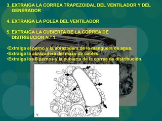 3. EXTRAIGA LA CORREA TRAPEZOIDAL DEL VENTILADOR Y DEL
GENERADOR
4. EXTRAIGA LA POLEA DEL VENTILADOR
5. EXTRAIGA LA CUBIERTA DE LA CORREA DE
DISTRIBUCION N.º 1
•Extraiga el perno y la abrazadera de la manguera de agua.
•Extraiga la abrazadera del mazo de cables.
•Extraiga los 6 pernos y la cubierta de la correa de distribución.
 