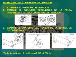 INSPECCION DE LA CORREA DE DISTRIBUCION
1. EXAMINE LA CORREA DE DISTRIBUCION
2. EXAMINE EL CONJUNTO SECUNDARIO DE LA POLEA
INTERMEDIA N.º 1 DE LA CORREA DE DISTRIBUCION
3. EXAMINE EL CONJUNTO DEL TENSOR DE LA CORREA DE
DISTRIBUCION N.º 1
*Saliente estándar: 8,1 - 8,9 mm (0,319 - 0,350 in.)
 