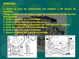 REMOCION:
1. Drene el agua de enfriamiento del radiador y del bloque de
cilindros.
*Tenga cuidado de no salpicar agua de enfriamiento en las bandas
de impuIsión.
2. SueIte la presión de combustible.
3. Quite la banda impulsora del alternador.
4. Quite la cubierta de la salpicadera del lado delantera derecho.
5. Quite las cubiertas inferiores delanteras.
6. Quite el tubo de escape delantero.
7. Separe la cabeza del soporte de montaje.
 