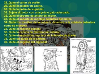 28. Quite el cárter de aceite.
29. Quite el colador de aceite.
30. Quite la polea del cigüeñal.
31. Sujete el motor con una grúa o gato adecuado.
32. Quite el soporte delantero del motor.
33. Quite el soporte de montaje delantero del motor.
34. Quite los tornillos de la cubierta delantera y la cubierta delantera
como se muestra.
35. Quite el engrane auxiliar.
36. Quite la cadena de distribución inferior.
37. Quite el espaciador impulsor de la bomba de aceite.
38. Quite las guías de la cadena.
39. Quite el engrane del cigüeñal.
 