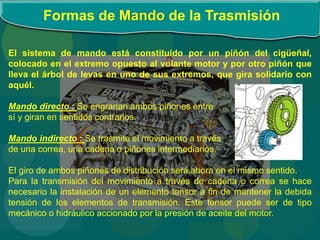 Formas de Mando de la Trasmisión
El sistema de mando está constituido por un piñón del cigüeñal,
colocado en el extremo opuesto al volante motor y por otro piñón que
lleva el árbol de levas en uno de sus extremos, que gira solidario con
aquél.
Mando directo : Se engranan ambos piñones entre
sí y giran en sentidos contrarios.
Mando indirecto : Se trasmite el movimiento a través
de una correa, una cadena o piñones intermediarios.
El giro de ambos piñones de distribución será ahora en el mismo sentido.
Para la transmisión del movimiento a través de cadena o correa se hace
necesario la instalación de un elemento tensor a fin de mantener la debida
tensión de los elementos de transmisión. Este tensor puede ser de tipo
mecánico o hidráulico accionado por la presión de aceite del motor.
 