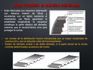 • Las correas de la distribución fueron introducidas por su mayor simplicidad de
construcción y por el reducido ruido de funcionamiento.
• Existen de dentado simple o de doble dentado, si la parte dorsal de la correa
controla determinados accesorios del motor.
• Están fabricadas con neopreno estampado
con refuerzo interior de fibras y
recubiertas con un tejido resistente al
rozamiento. Las fibras garantizan la
estabilidad longitudinal, el neopreno
constituye la parte elástica del dentado,
mientras que el recubrimiento sirve para
proteger la correa.
 