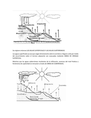 Se originan entonces LAS AGUAS SUPERFICIALES Y LAS AGUAS SUBTERRANEAS
Las aguas superficiales ya sea que caigan directamente sobre la carretera o lleguen a ella por medio
del escurrimiento sobre el terreno adyacente son evacuadas mediante OBRAS DE DRENAJE
SUPERFICIAL.
Mientras que las aguas subterráneas resultantes de la infiltración, ascensos del nivel freático y
fenómenos de capilaridad se remueven a través de OBRAS DE SUBDRENAJES.
 