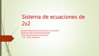Sistema de ecuaciones de 
2x2 
Escuela Preparatoria oficial anexa a la normal 3 
Alejandro Manuel Valverde Morales 
Luisa Jacqueline Navarro Guzmán 
2 II Turno: Matutino 
 