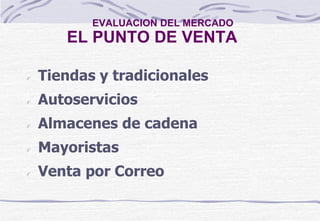 EVALUACION DEL MERCADO
EL PUNTO DE VENTA
Tiendas y tradicionales
Autoservicios
Almacenes de cadena
Mayoristas
Venta por Correo
 