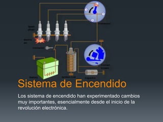 Sistema de Encendido
Los sistema de encendido han experimentado cambios
muy importantes, esencialmente desde el inicio de la
revolución electrónica.
 
