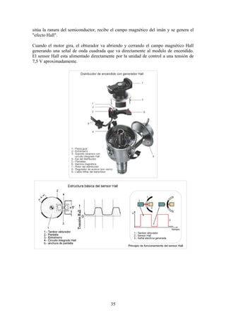 sitúa la ranura del semiconductor, recibe el campo magnético del imán y se genera el
"efecto Hall".
Cuando el motor gira, el obturador va abriendo y cerrando el campo magnético Hall
generando una señal de onda cuadrada que va directamente al modulo de encendido.
El sensor Hall esta alimentado directamente por la unidad de control a una tensión de
7,5 V aproximadamente.
35
 