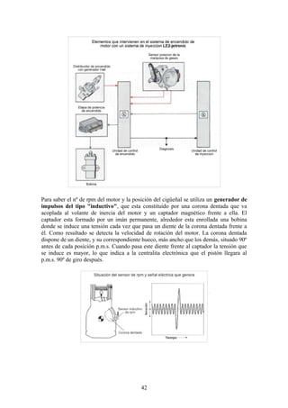 Para saber el nº de rpm del motor y la posición del cigüeñal se utiliza un generador de
impulsos del tipo "inductivo", que esta constituido por una corona dentada que va
acoplada al volante de inercia del motor y un captador magnético frente a ella. El
captador esta formado por un imán permanente, alrededor esta enrollada una bobina
donde se induce una tensión cada vez que pasa un diente de la corona dentada frente a
él. Como resultado se detecta la velocidad de rotación del motor. La corona dentada
dispone de un diente, y su correspondiente hueco, más ancho que los demás, situado 90º
antes de cada posición p.m.s. Cuando pasa este diente frente al captador la tensión que
se induce es mayor, lo que indica a la centralita electrónica que el pistón llegara al
p.m.s. 90º de giro después.
42
 