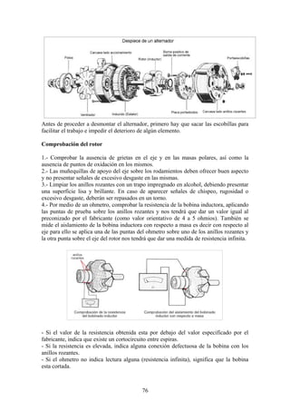 Antes de proceder a desmontar el alternador, primero hay que sacar las escobillas para
facilitar el trabajo e impedir el deterioro de algún elemento.
Comprobación del rotor
1.- Comprobar la ausencia de grietas en el eje y en las masas polares, así como la
ausencia de puntos de oxidación en los mismos.
2.- Las muñequillas de apoyo del eje sobre los rodamientos deben ofrecer buen aspecto
y no presentar señales de excesivo desgaste en las mismas.
3.- Limpiar los anillos rozantes con un trapo impregnado en alcohol, debiendo presentar
una superficie lisa y brillante. En caso de aparecer señales de chispeo, rugosidad o
excesivo desgaste, deberán ser repasados en un torno.
4.- Por medio de un ohmetro, comprobar la resistencia de la bobina inductora, aplicando
las puntas de prueba sobre los anillos rozantes y nos tendrá que dar un valor igual al
preconizado por el fabricante (como valor orientativo de 4 a 5 ohmios). También se
mide el aislamiento de la bobina inductora con respecto a masa es decir con respecto al
eje para ello se aplica una de las puntas del ohmetro sobre uno de los anillos rozantes y
la otra punta sobre el eje del rotor nos tendrá que dar una medida de resistencia infinita.
- Si el valor de la resistencia obtenida esta por debajo del valor especificado por el
fabricante, indica que existe un cortocircuito entre espiras.
- Si la resistencia es elevada, indica alguna conexión defectuosa de la bobina con los
anillos rozantes.
- Si el ohmetro no indica lectura alguna (resistencia infinita), significa que la bobina
esta cortada.
76
 