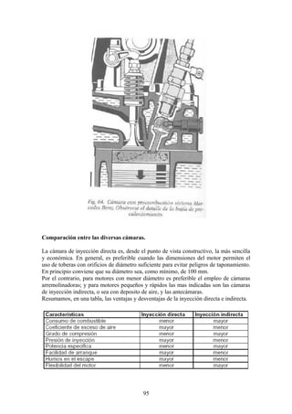 Comparación entre las diversas cámaras.
La cámara de inyección directa es, desde el punto de vista constructivo, la más sencilla
y económica. En general, es preferible cuando las dimensiones del motor permiten el
uso de toberas con orificios de diámetro suficiente para evitar peligros de taponamiento.
En principio conviene que su diámetro sea, como mínimo, de 100 mm.
Por el contrario, para motores con menor diámetro es preferible el empleo de cámaras
arremolinadoras; y para motores pequeños y rápidos las mas indicadas son las cámaras
de inyección indirecta, o sea con deposito de aire, y las antecámaras.
Resumamos, en una tabla, las ventajas y desventajas de la inyección directa e indirecta.
95
 