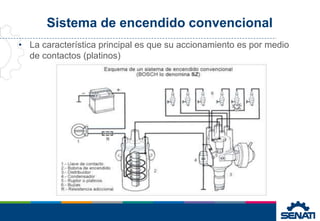 Sistema de encendido convencional
• La característica principal es que su accionamiento es por medio
de contactos (platinos)
 