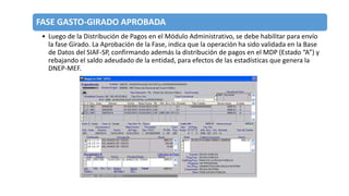 FASE GASTO-GIRADO APROBADA
• Luego de la Distribución de Pagos en el Módulo Administrativo, se debe habilitar para envío
la fase Girado. La Aprobación de la Fase, indica que la operación ha sido validada en la Base
de Datos del SIAF-SP, confirmando además la distribución de pagos en el MDP (Estado “A”) y
rebajando el saldo adeudado de la entidad, para efectos de las estadísticas que genera la
DNEP-MEF.
 